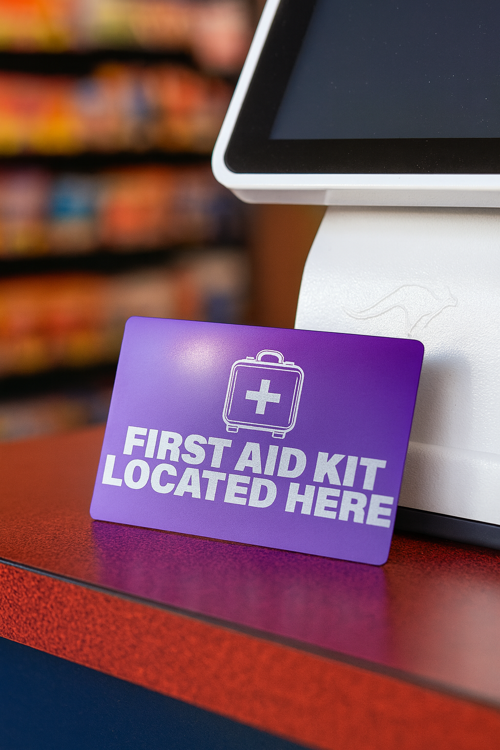 Purple sign indicating a first aid kit location on a checkout counter with a blurred store background.