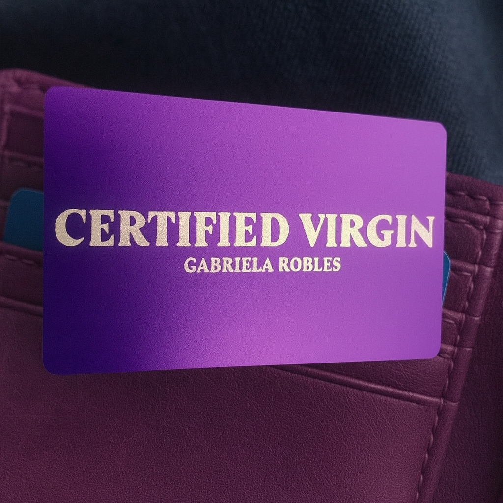 Purple/silver metal novelty wallet insert with 'Certified Virgin' text in front of brown wallet