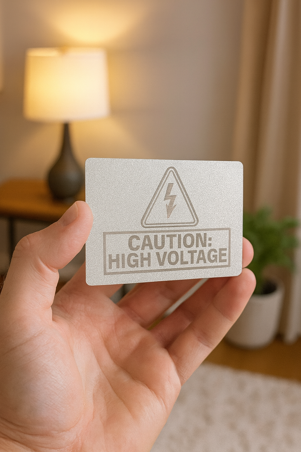 Hand holding a card with 'Caution: High Voltage' warning sign in a home setting.