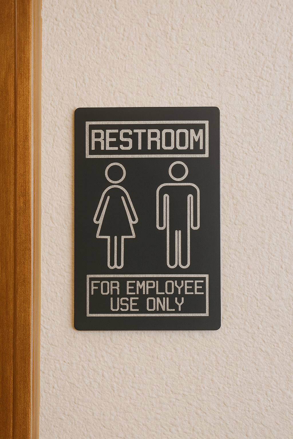 Restroom sign for employee use only on a textured wall.