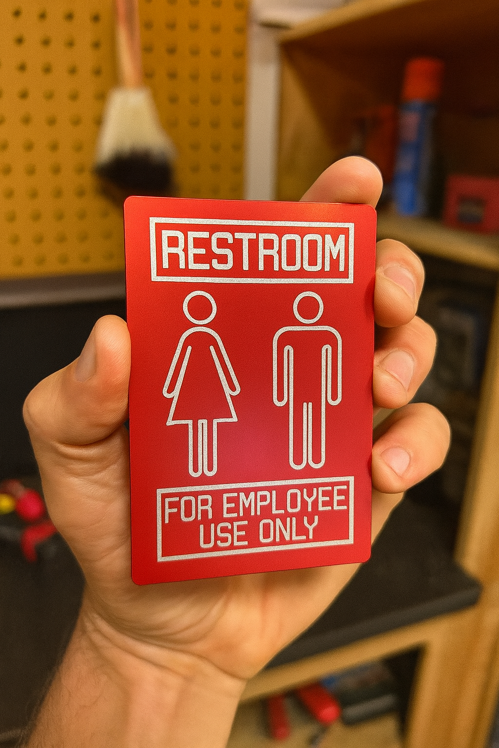 Red/silver metal retail shop signage with "restroom for employee use only" text held by a hand in a workshop setting