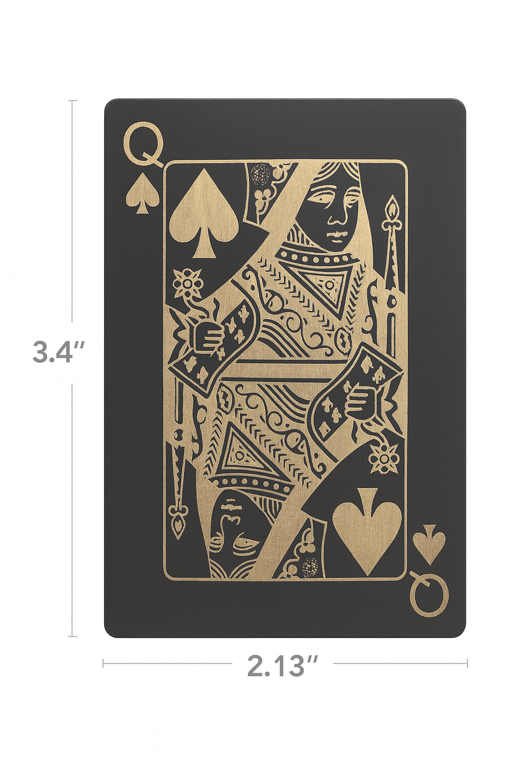 Metal poker card with silver queen of spades design on a white background, featuring measurements on the sides.