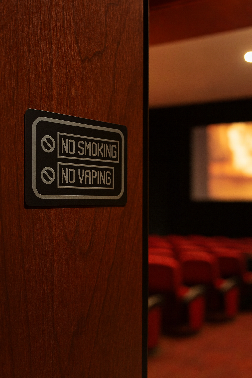 No smoking and no vaping sign on a theater door with red seats and a screen in the background.