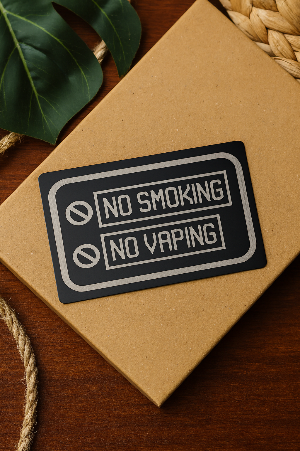 No smoking and no vaping laser engraved metal signage on a brown cardboard box with a wooden surface and leaf in the background.