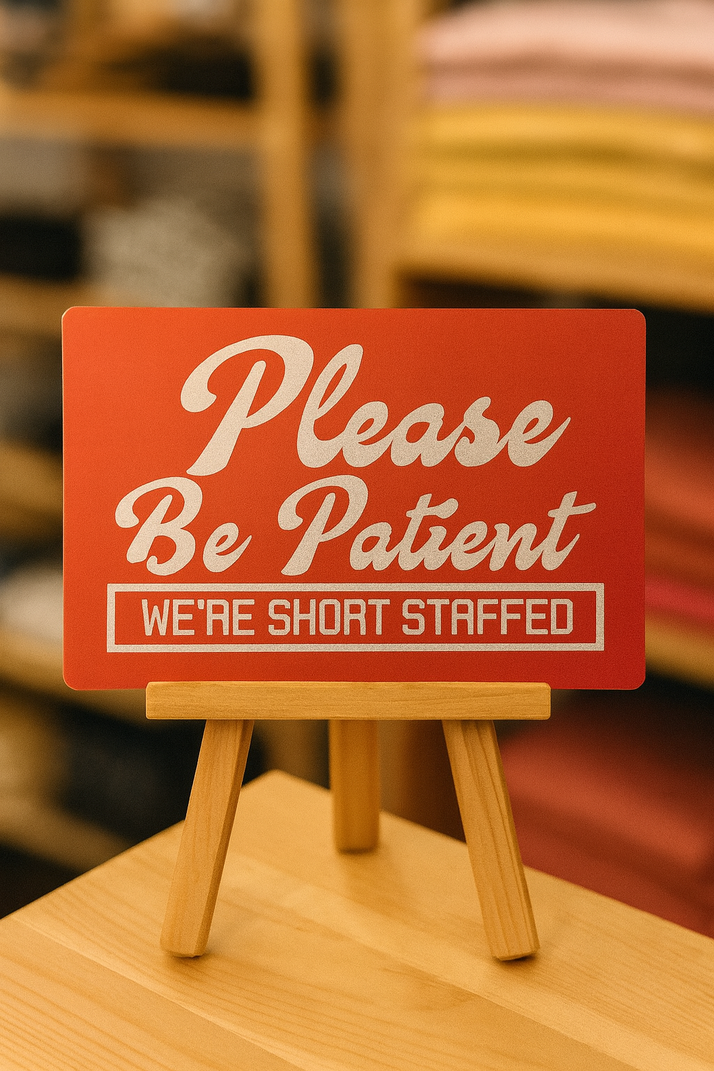 Red sign on a stand with 'Please Be Patient, We're Short Staffed' text in a blurred indoor setting.