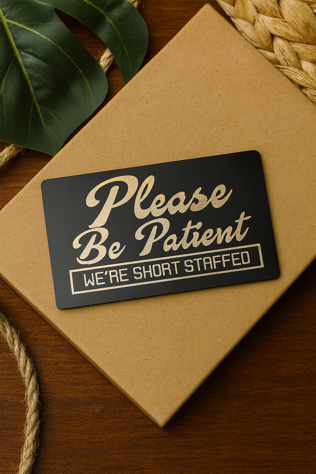 Black/silver metal sign with 'Please Be Patient, We're Short Staffed' text on a brown paper bag.