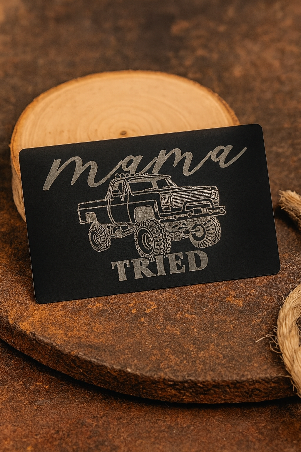 Metal Black card with 'mama tried' text and truck illustration on a farm life background