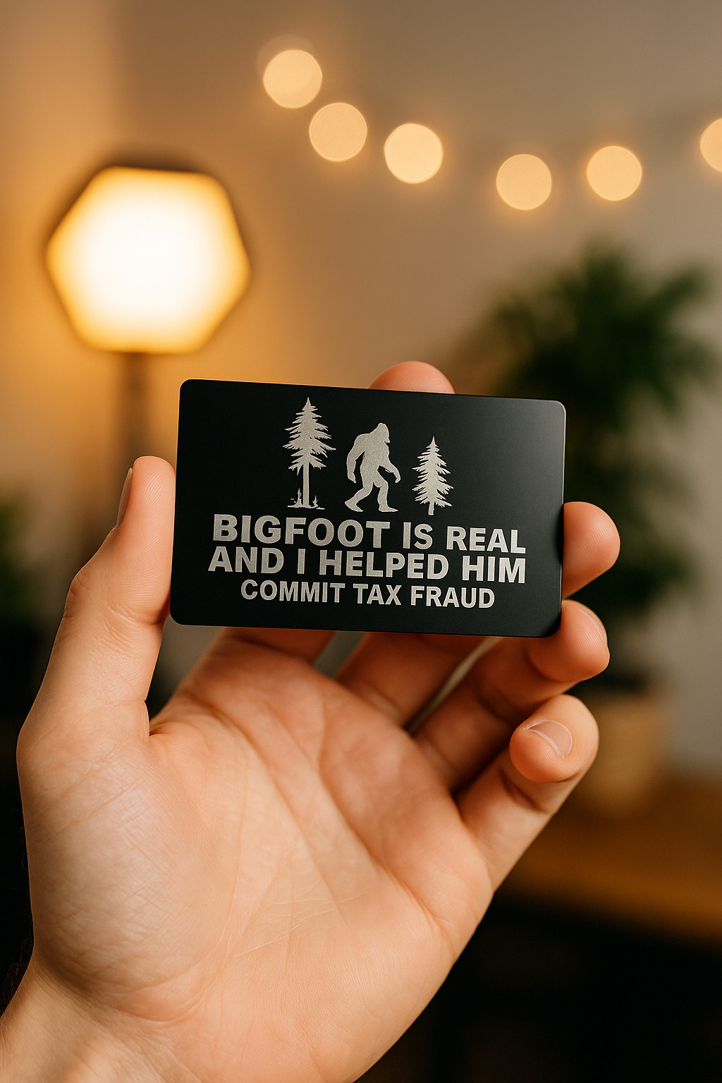Hand holding a laser engraved keepsake card with Bigfoot graphic and text in a warm indoor setting