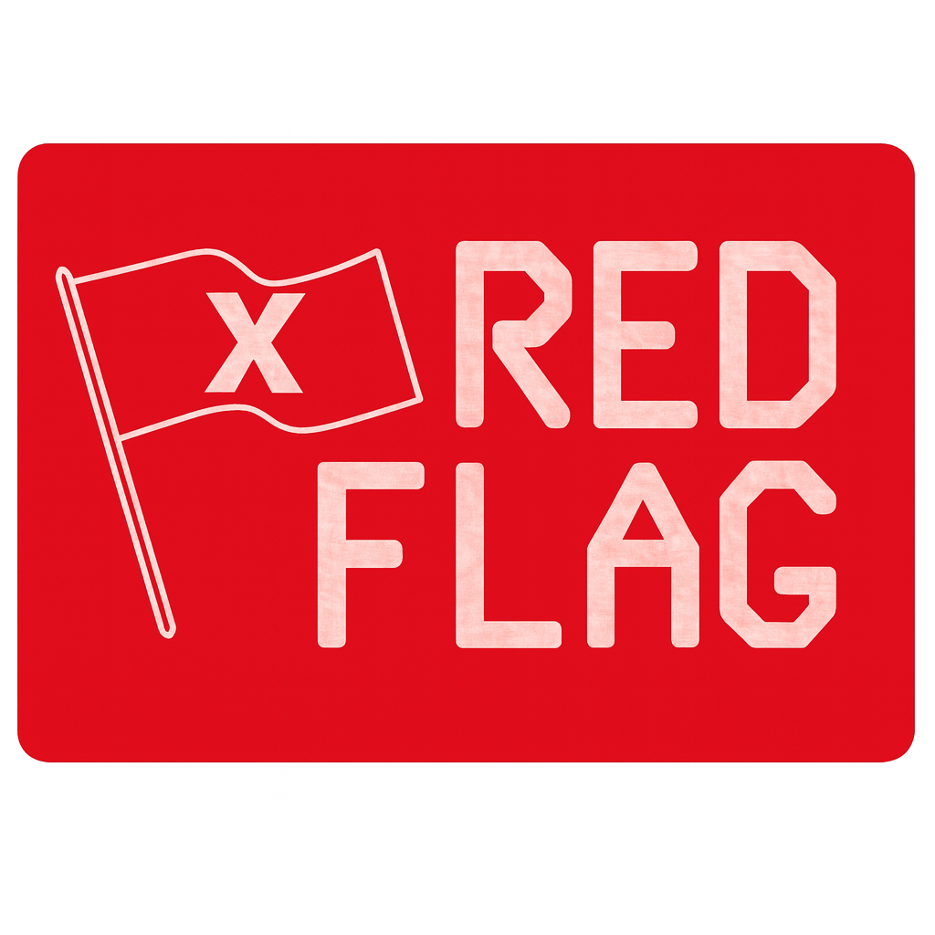 Red metal sign with silver text and a red flag icon on a white background