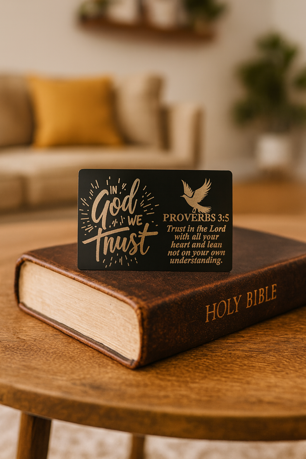 Small black metal plaque with In God We Trust design and proverbs 3:5 bible verse engraved on a bible