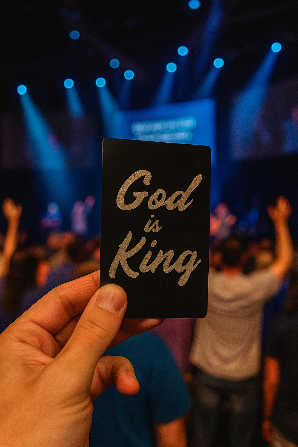 Hand holding a card with 'God is King' text in front of a blurred background of people with raised hands at a religious event.