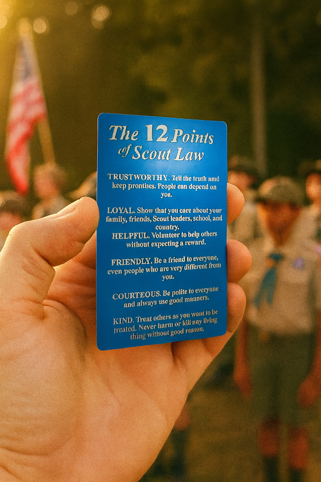 Hand holding a blue card with 'The 12 Points of Scout Law' text, with people and an American flag in the background.