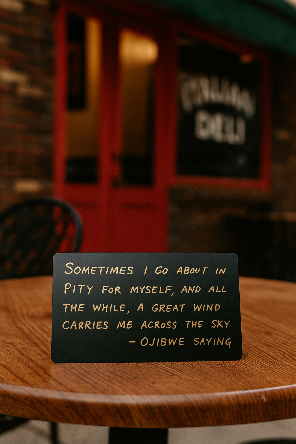 Black plaque with text on a wooden table in a restaurant setting