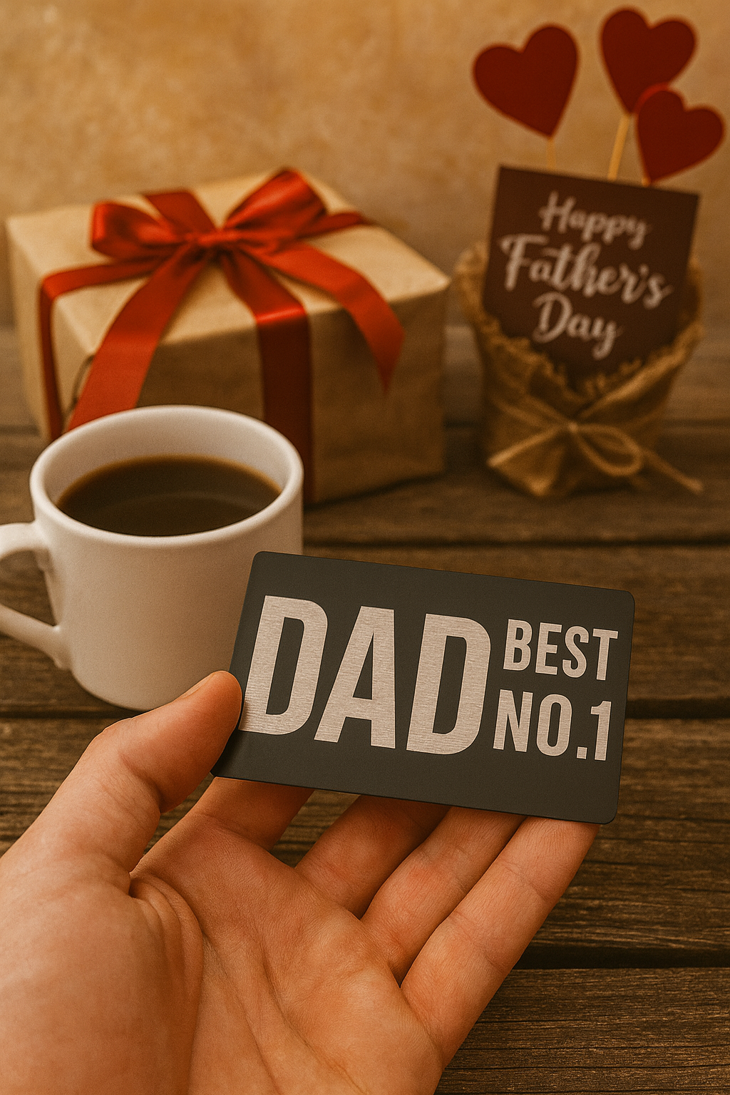 Hand holding a metal 'DAD BEST NO.1' card with a coffee cup and gift box on a wooden surface.