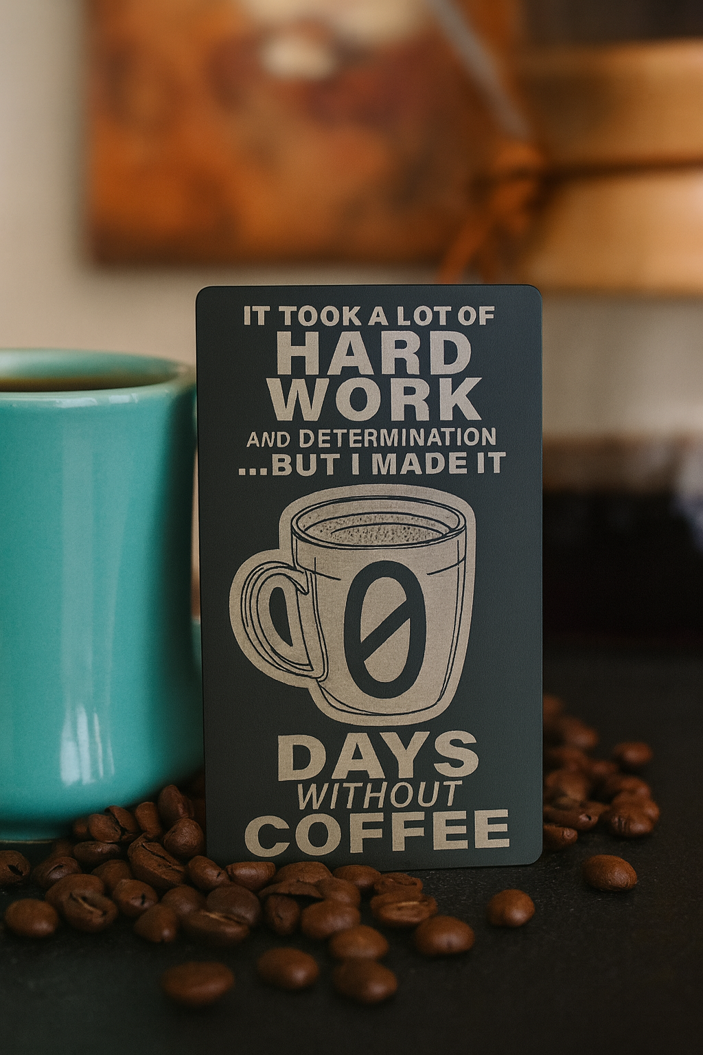 Motivational card about coffee with a teal mug and coffee beans on a dark surface
