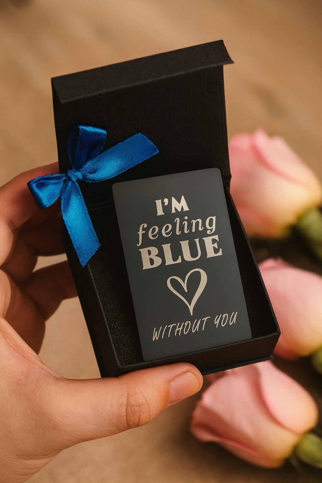 'I'm feeling BLUE without you' message, engraved in metal keepsake held by a hand with flowers in the background.
