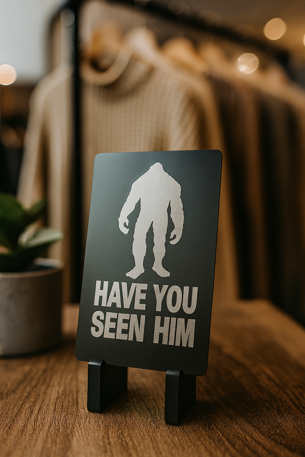 Black metal sign with Bigfoot silhouette and text 'Have You Seen Him' on a wooden surface with blurred clothing in the background.