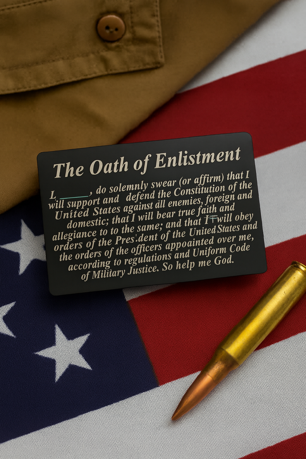 Oath of Enlistment metal tribute card on an American flag with a bullet