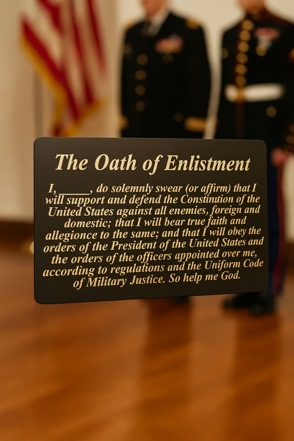 Personalized metal Oath of Enlistment plaque with military personnel in the background
