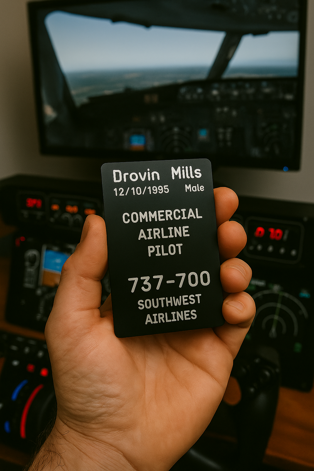 Hand holding a pilot's badge in front of a cockpit display