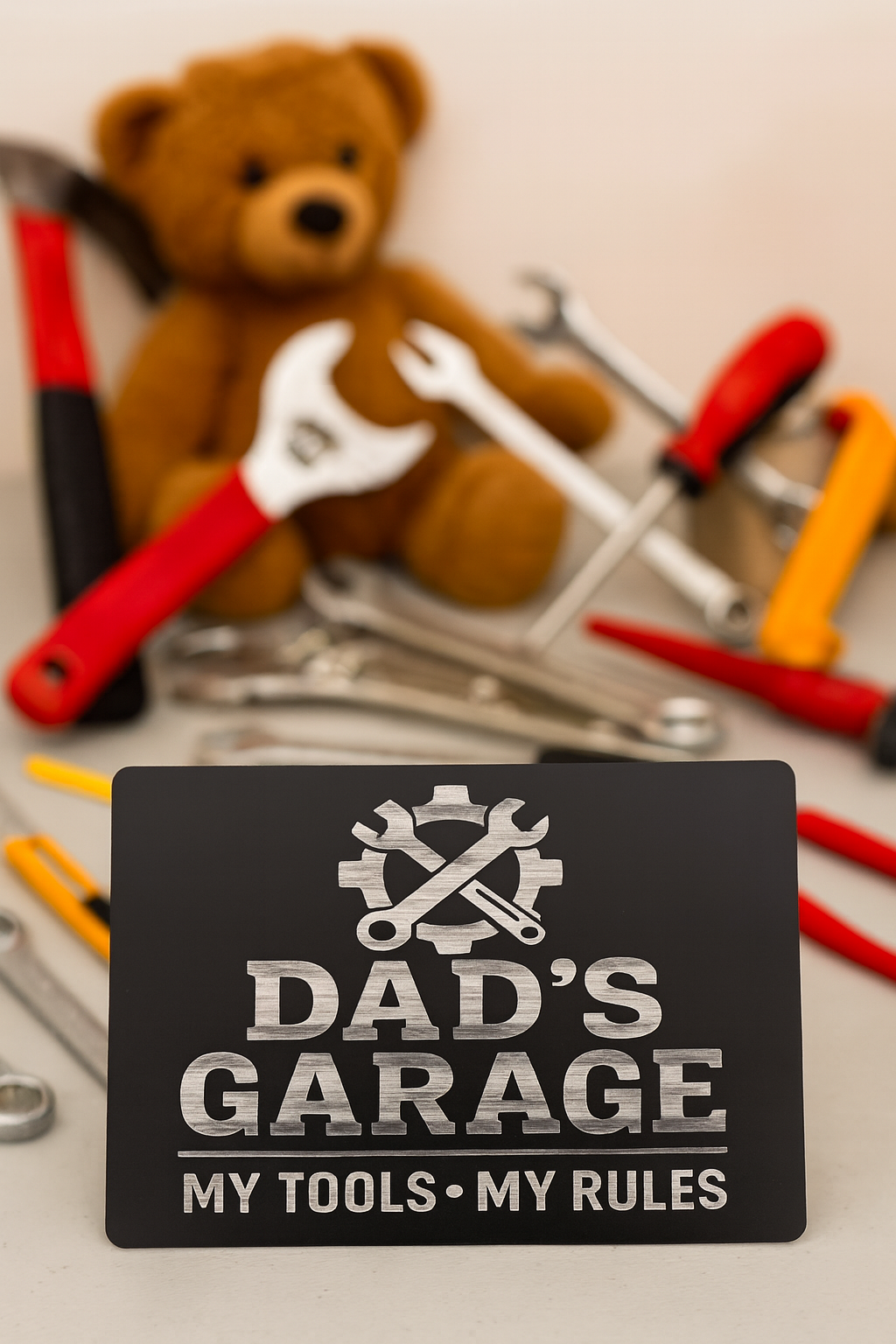 Black sign with 'Dad's Garage' text, teddy bear with tools, and tools on a light background
