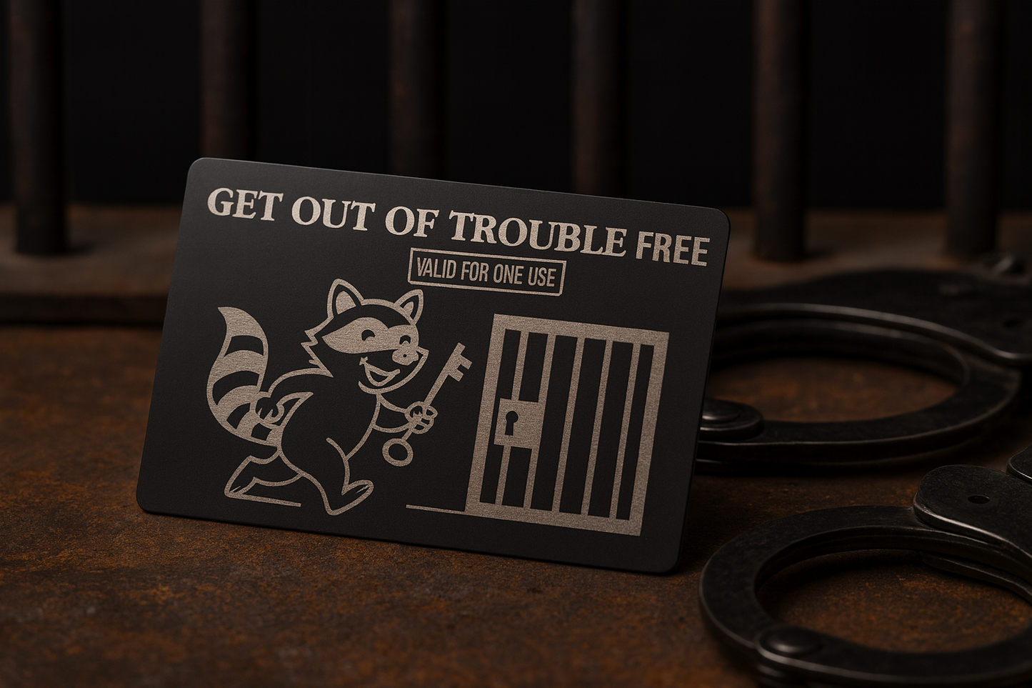 Black/silver metal card with a sneaky raccoon illustration and funny text 'Get Out of Trouble Free, valid for one use' on a dark jailhouse background with handcuffs.