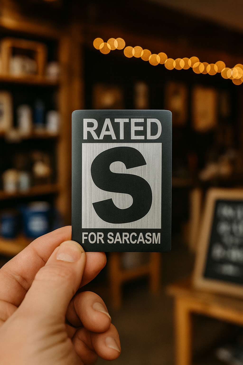 Hand holding metal sarcasm gift, that reads "Rated S For Sarcasm" in a local comedy stand up show