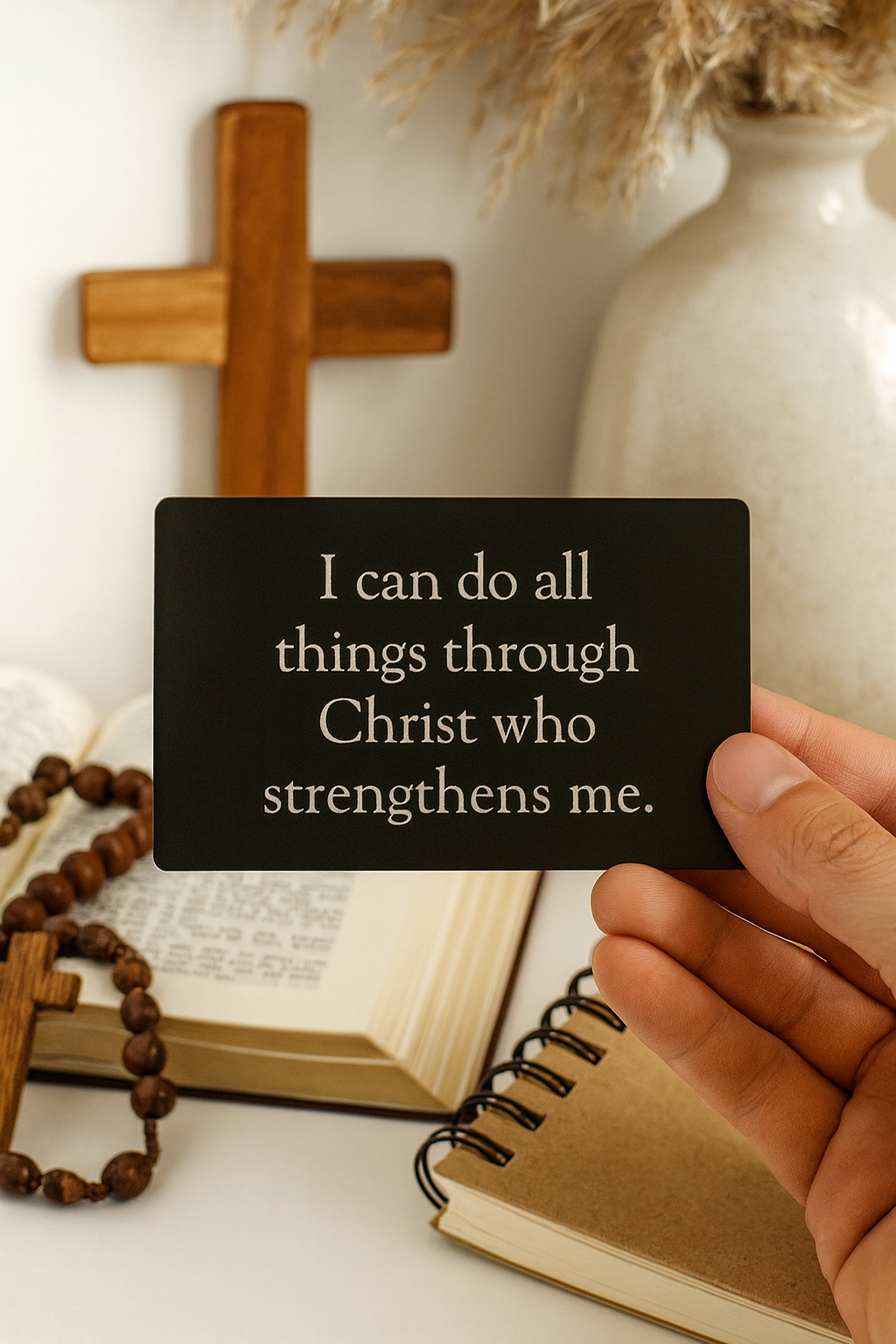Hand holding a metal bookmark card with a motivational quote, surrounded by religious items on a table.