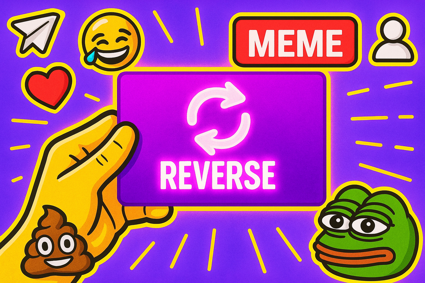 Cartoonish illustration with 'REVERSE' Card, meme elements, and a frog character on a purple background.