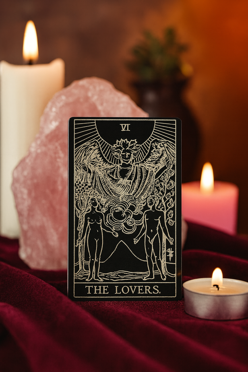 Metal tarot card keepsake with 'The Lovers' laser engraved, with candles and crystals on a dark background