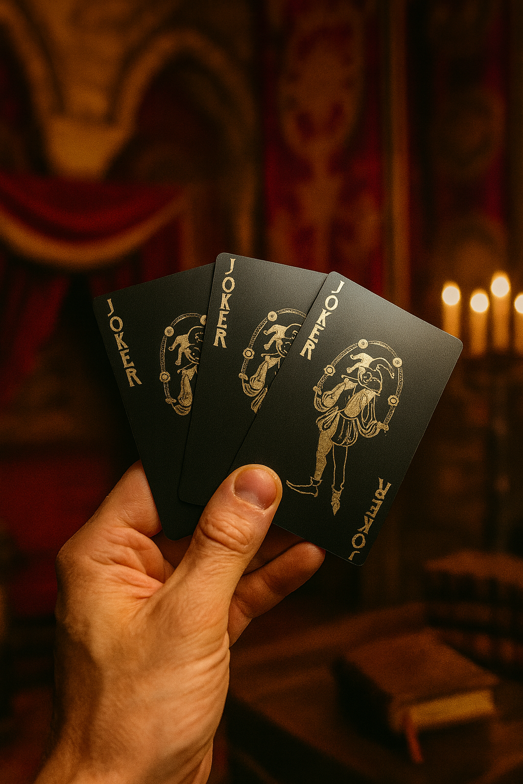 Hand holding black playing cards with silver engraved Joker Card designs against a warm, blurred background