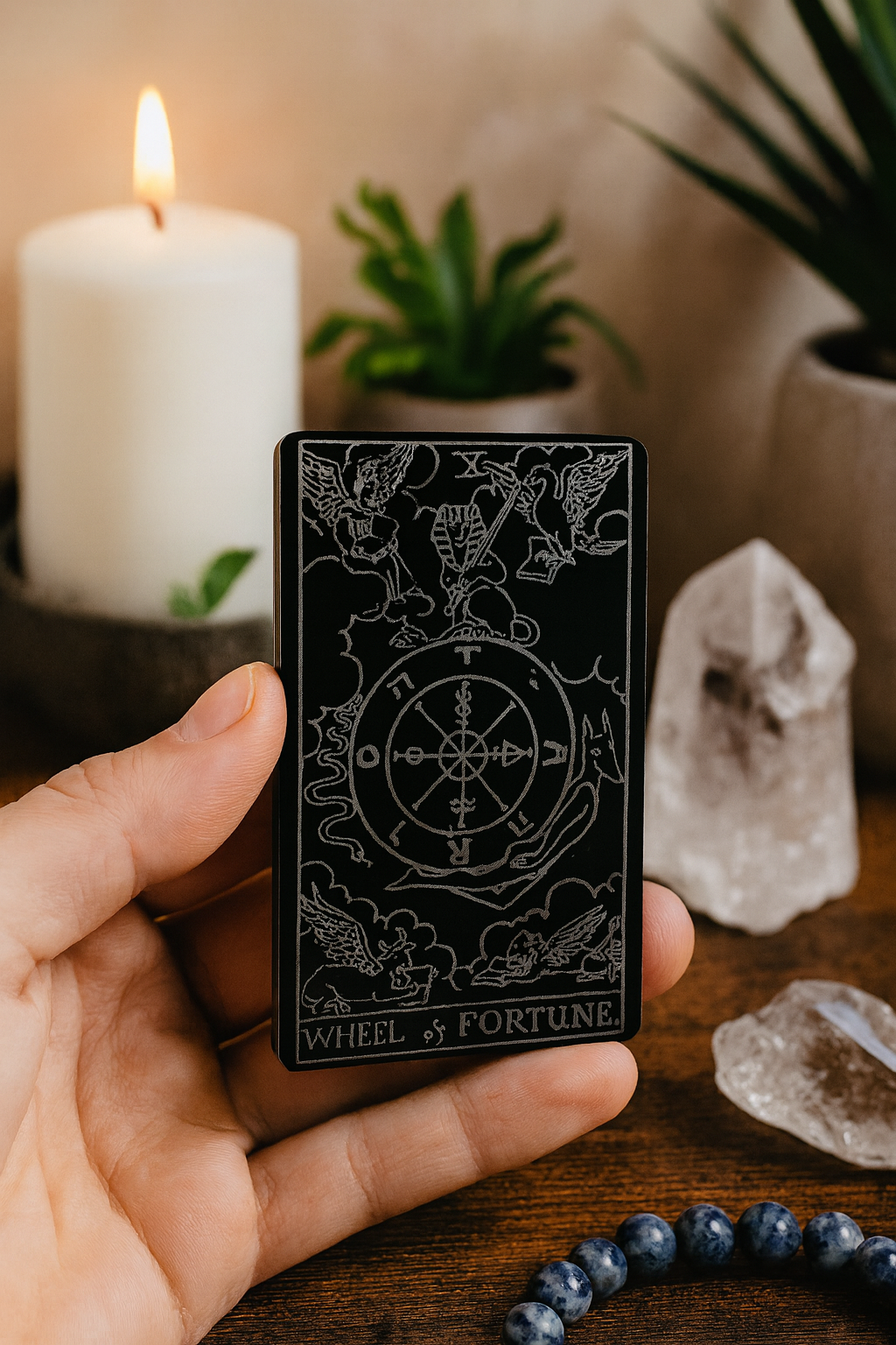 Hand holding a matte black/silver laser engraved metal tarot card with intricate Wheel of Fortune designs on a wooden surface with candles and crystals.