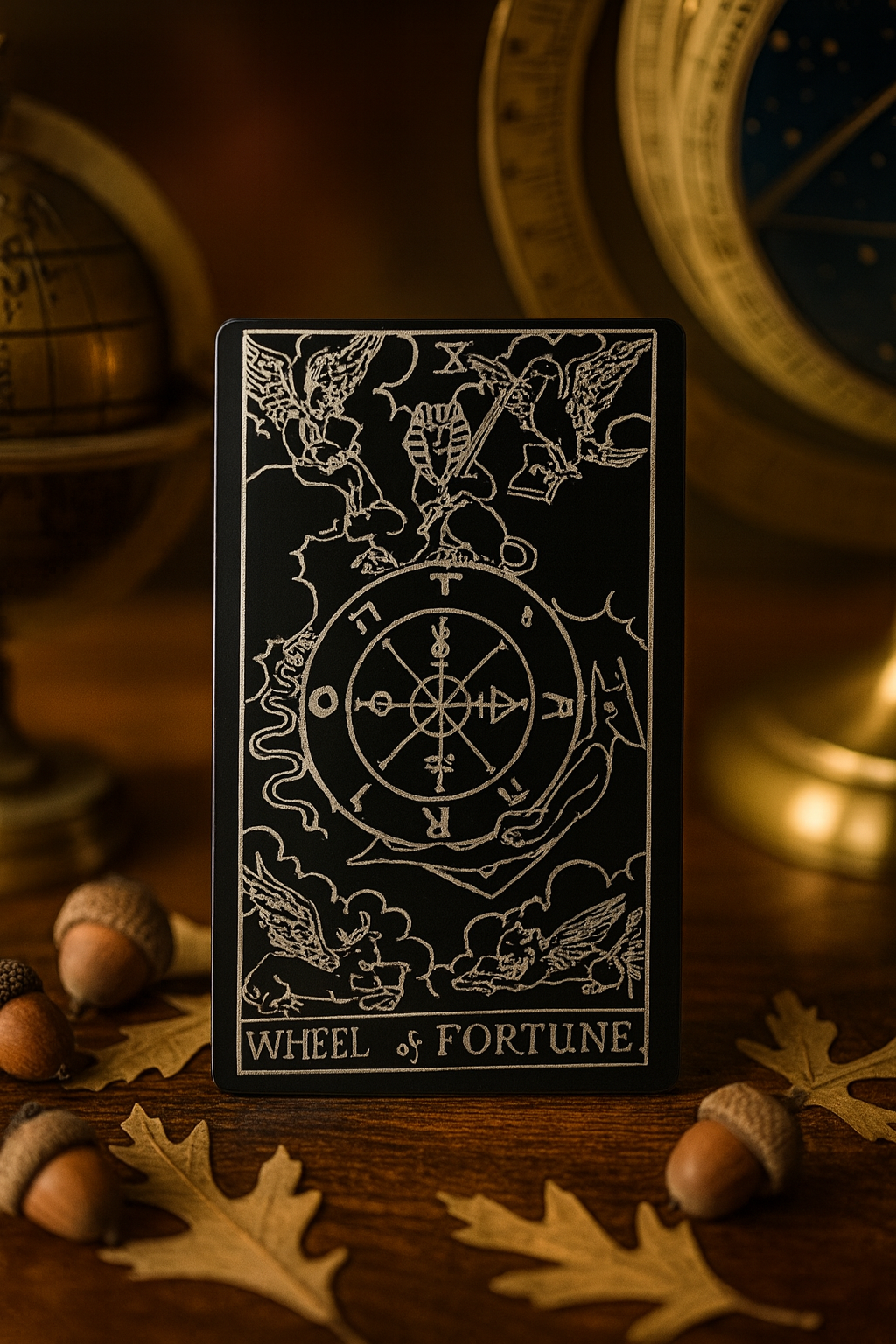 Black metal card with silver tarot esoteric designs and text 'Wheel of Fortune' on a wooden surface with acorns and leaves.