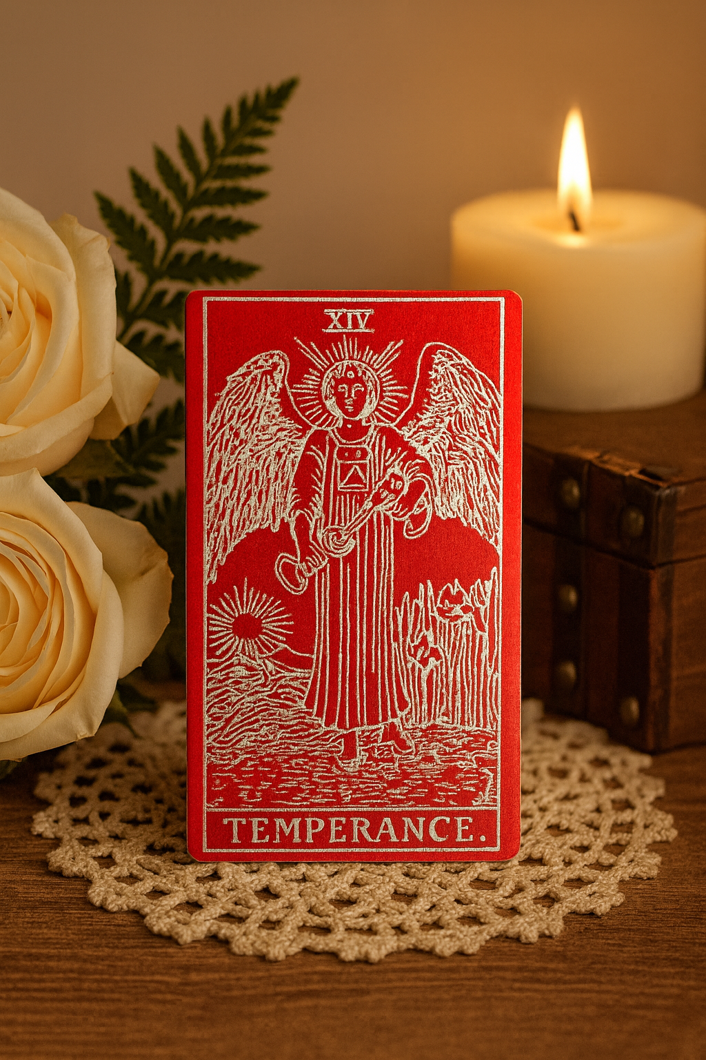 Metal red/silver temperance tarot card in beautiful setting