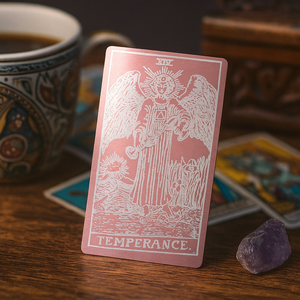 Metal rose gold/silver temperance laser engraved gift card on a coffee table with crystal and tea and magic case