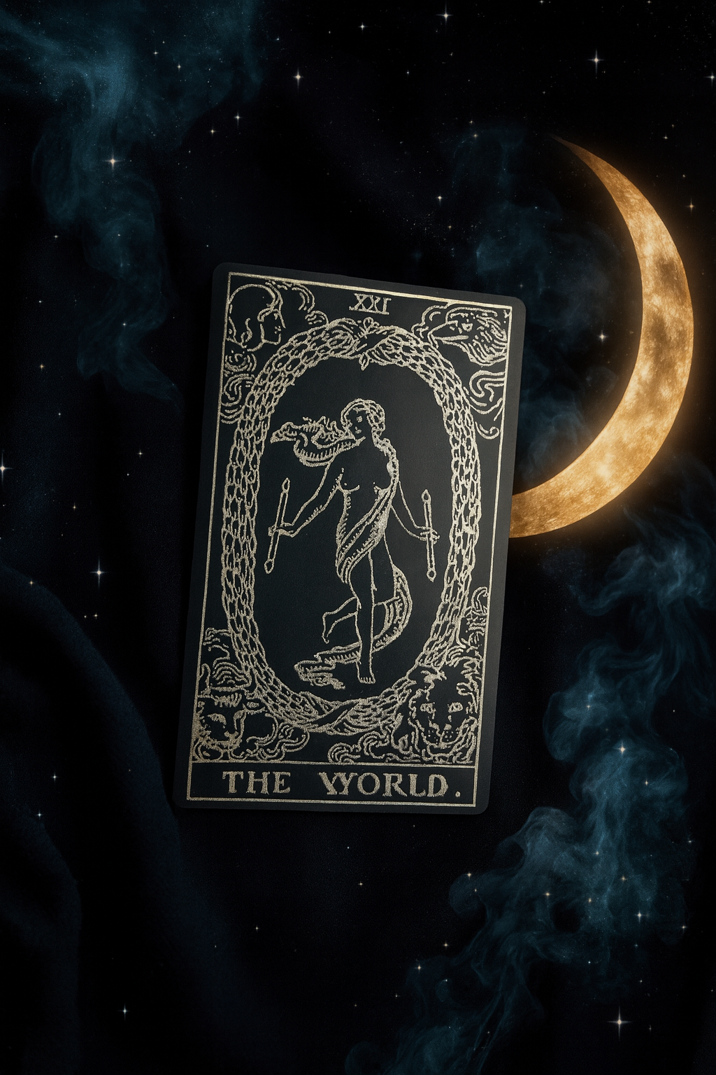 Black/silver metal Tarot card titled 'The World' with a crescent moon and starry night background