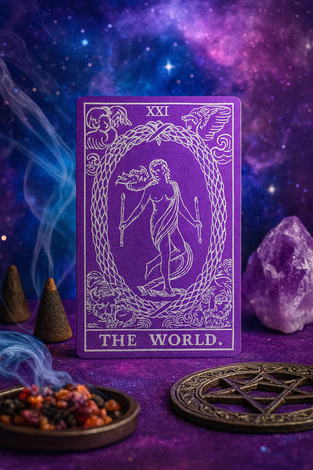 Metal purple/silver keepsake Tarot card titled 'The World' with mystical elements like smoke, crystals, and a pentacle on a purple background.