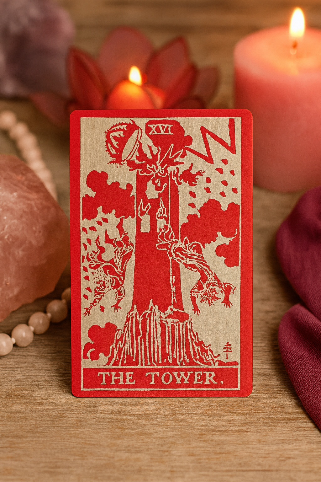 Red/silver metal tarot card titled 'The Tower' with candles and flowers in the background