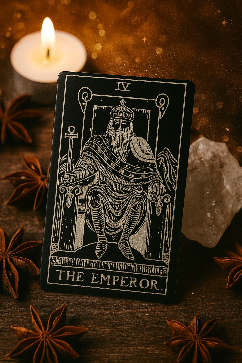 Metal keepsake Tarot card titled 'The Emperor' with a candle and star anise in the background