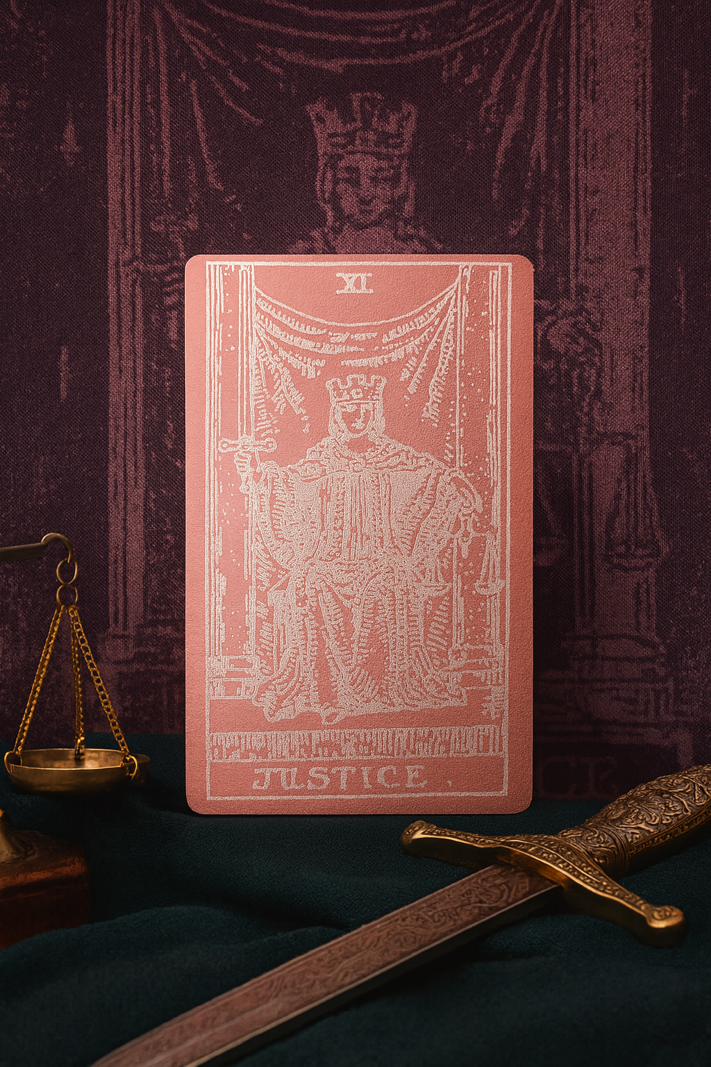 Rose gold/silver tarot card titled 'Justice' with a figure on a dark background, surrounded by a sword and balance scale.