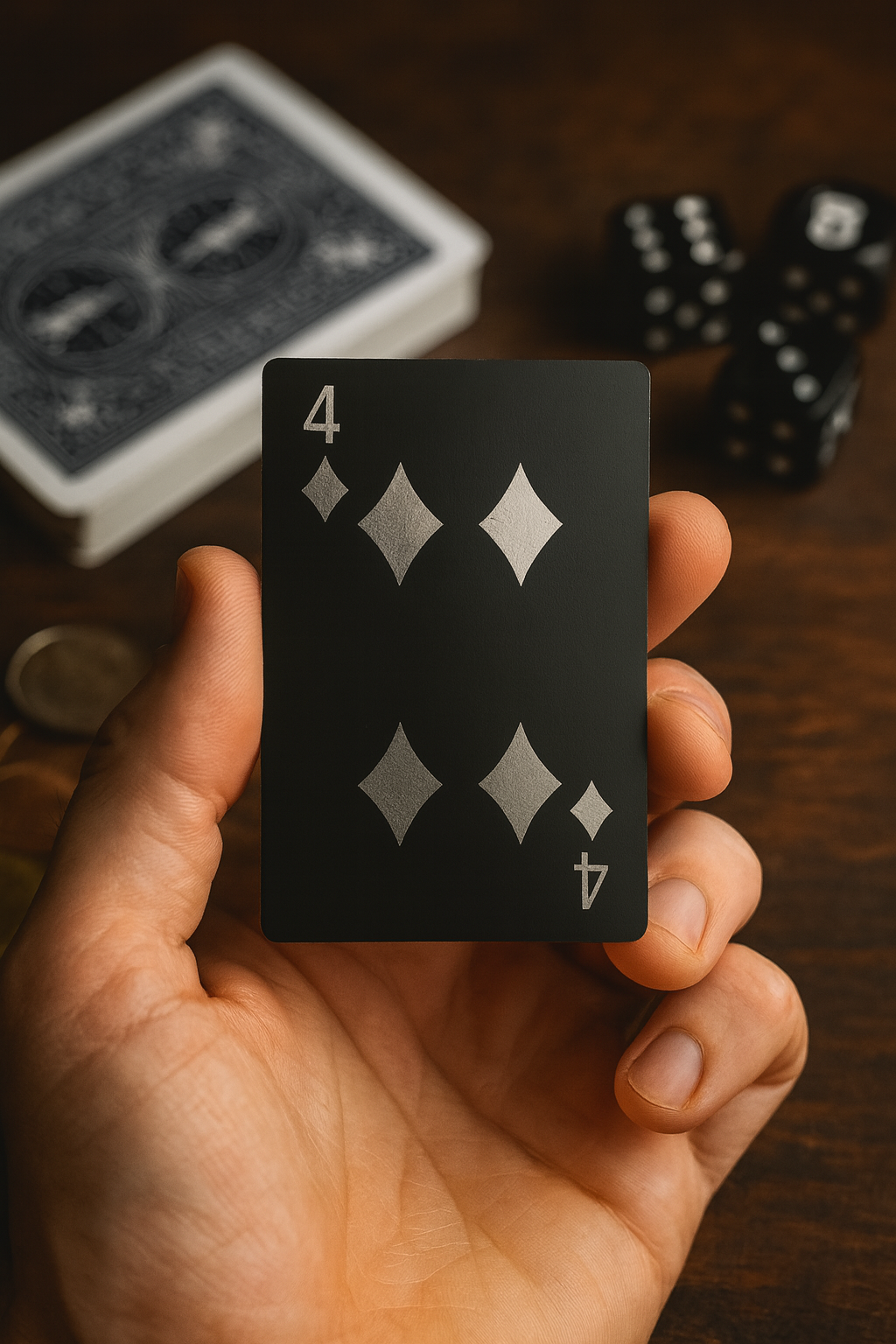 Hand holding a black and silver metal four of diamonds playing card with diamond symbols on a wooden surface.