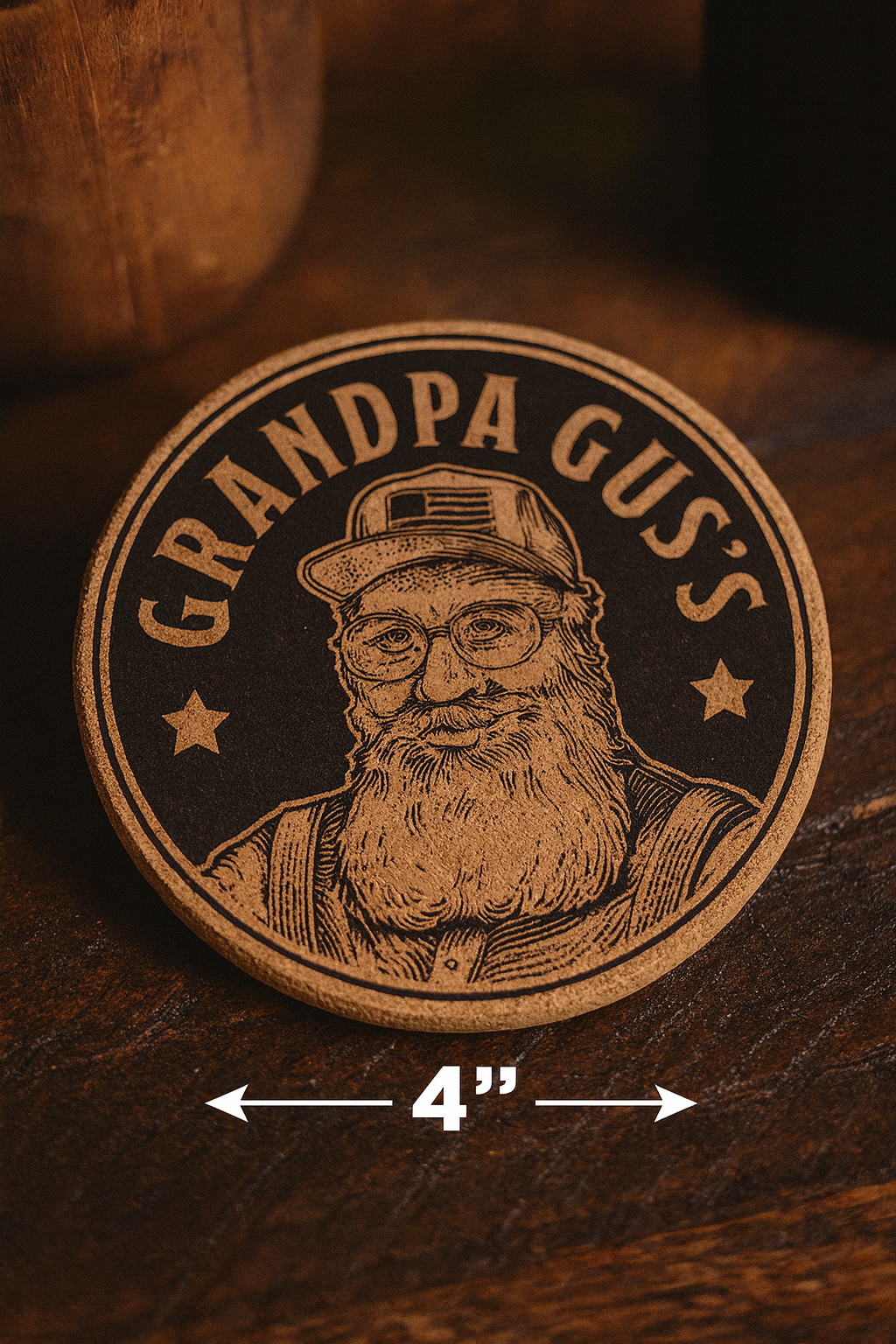 Circular logo engraved on personalized cork coaster, product size demonstration text on a wooden desk background