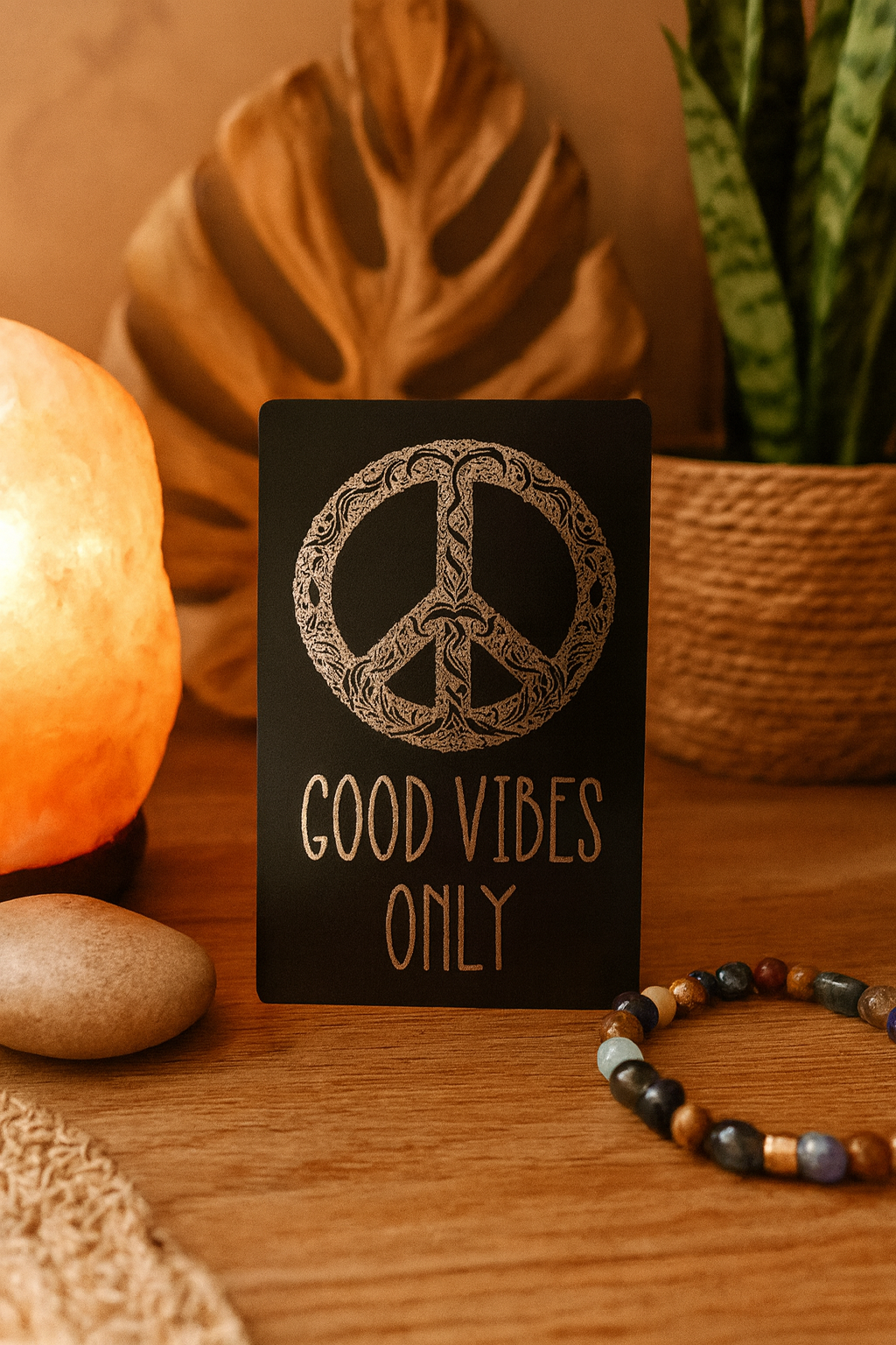 Matte black/silver metal placard with Good Vibes Only and peace symbol laser engraving