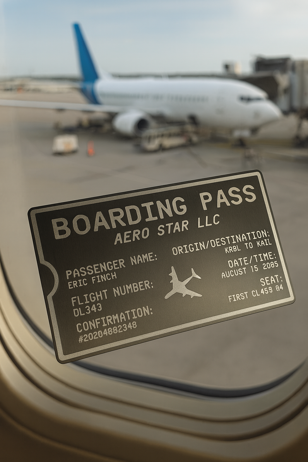 Boarding pass metal business card with customized text engraving on a jet window with an airplane in the background