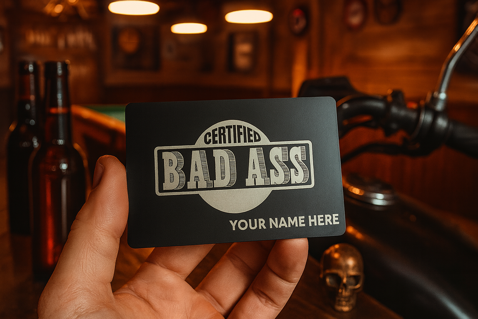 Hand holding a black card with 'Certified Bad Ass' text in a bar setting