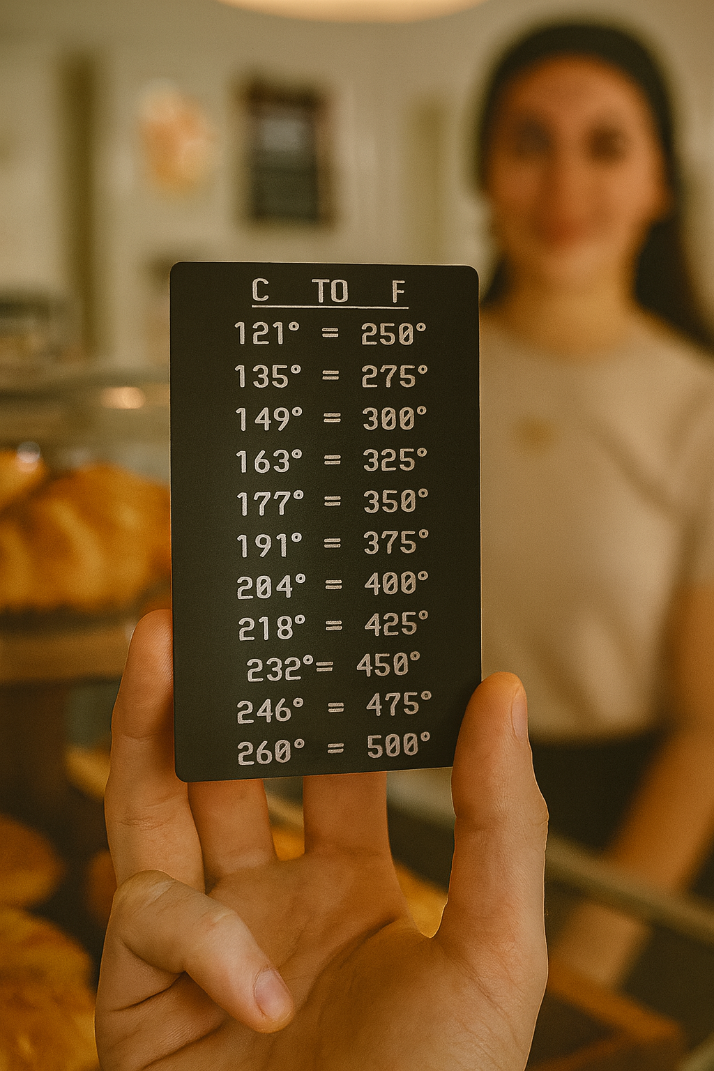 Hand holding a temperature conversion chart between Celsius and Fahrenheit.