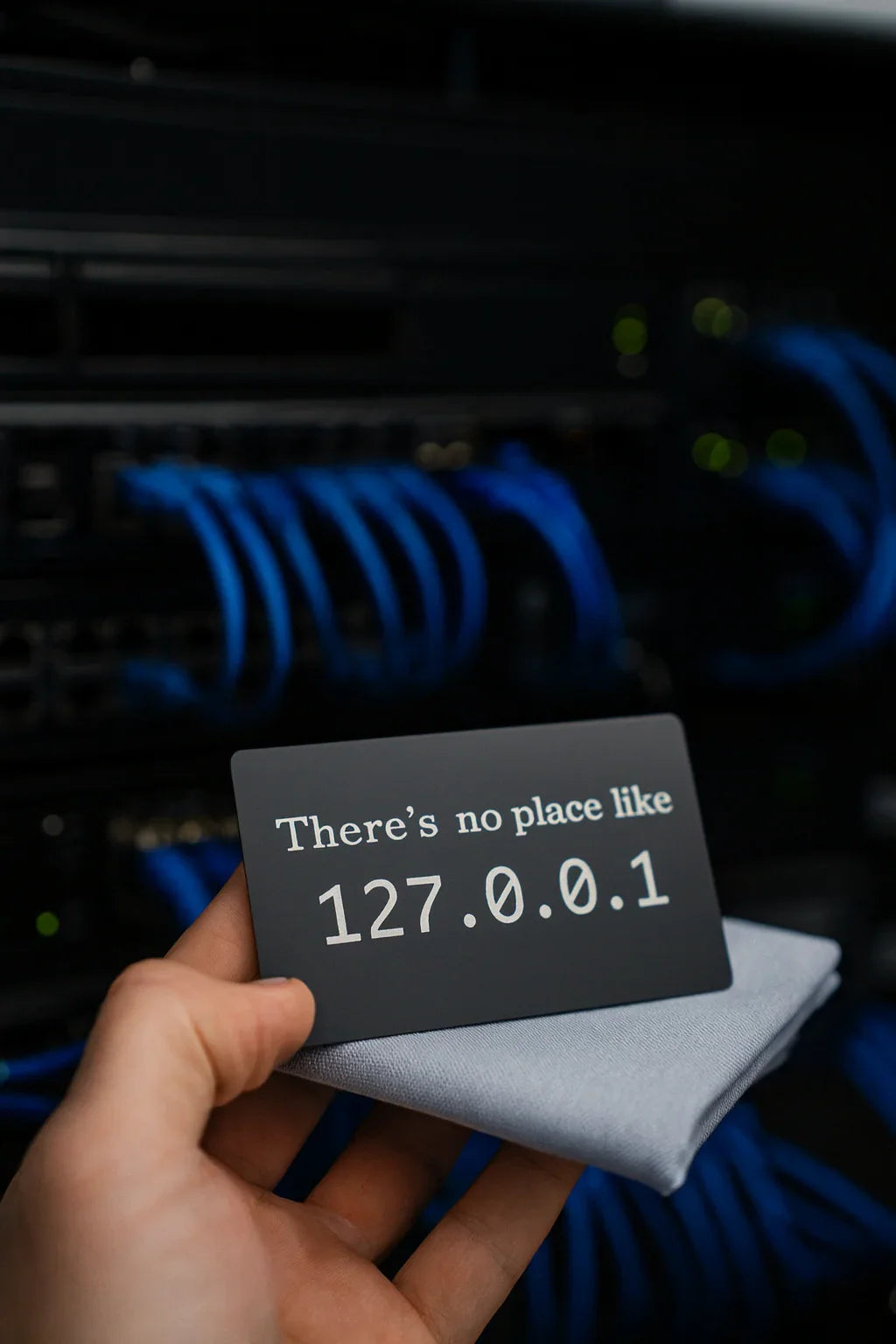 Hand holding a card with 'There's no place like 127.0.0.1' text in front of network cables.