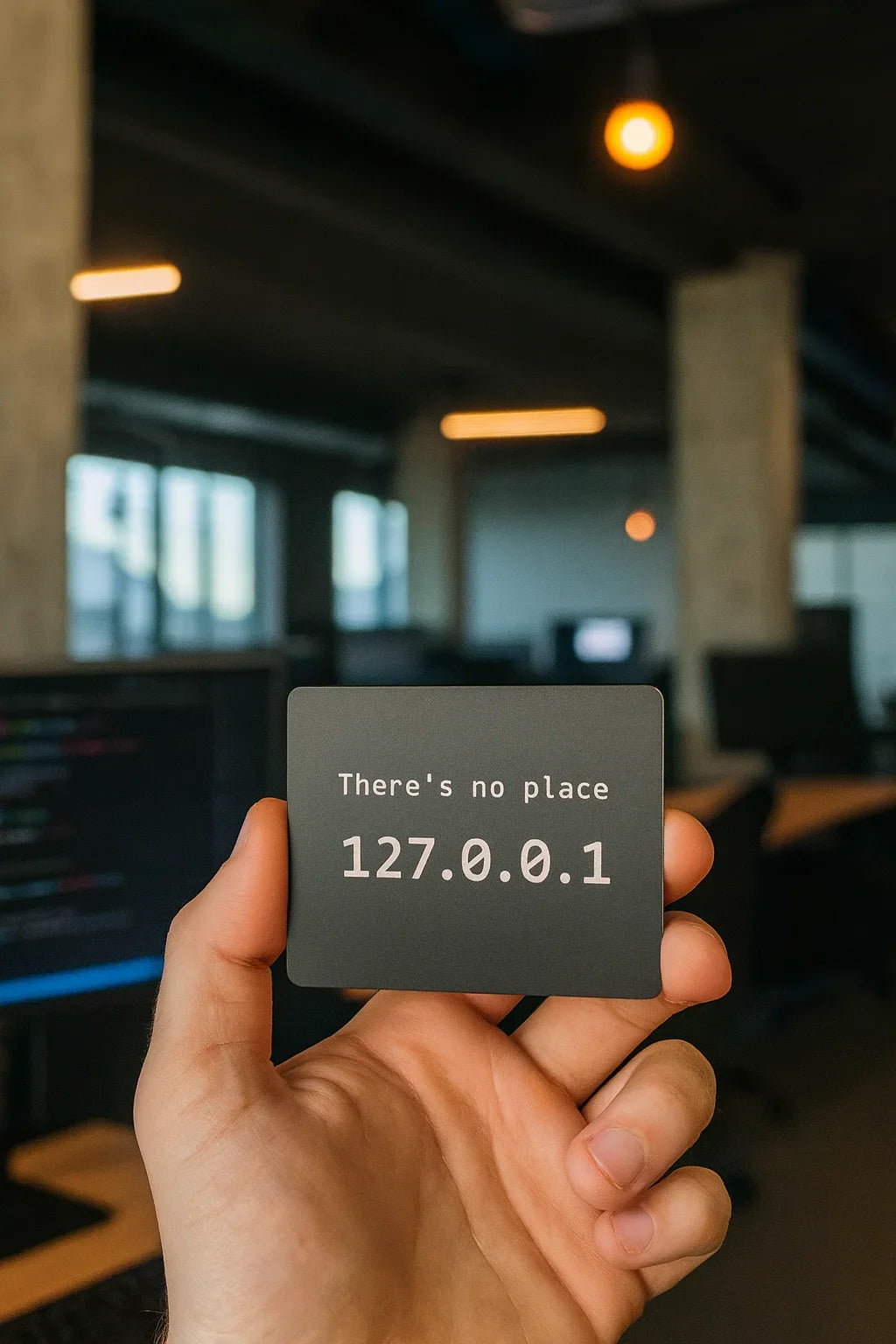 Hand holding a card with 'There's no place 127.0.0.1' text in an office setting