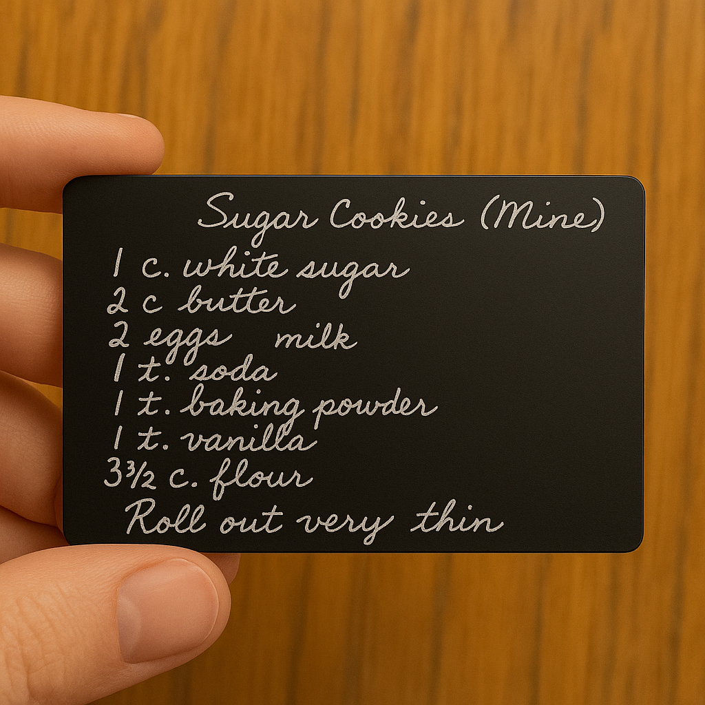 Hand holding a metal customized handwriting card with a sugar cookie recipe against a wooden background