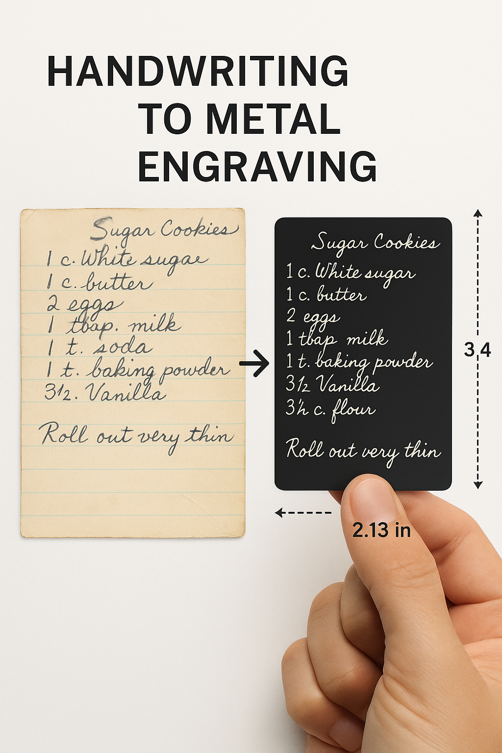 Comparison of handwritten recipe on paper and engraved metal, with a hand holding the metal engraving with sizing specifications.
